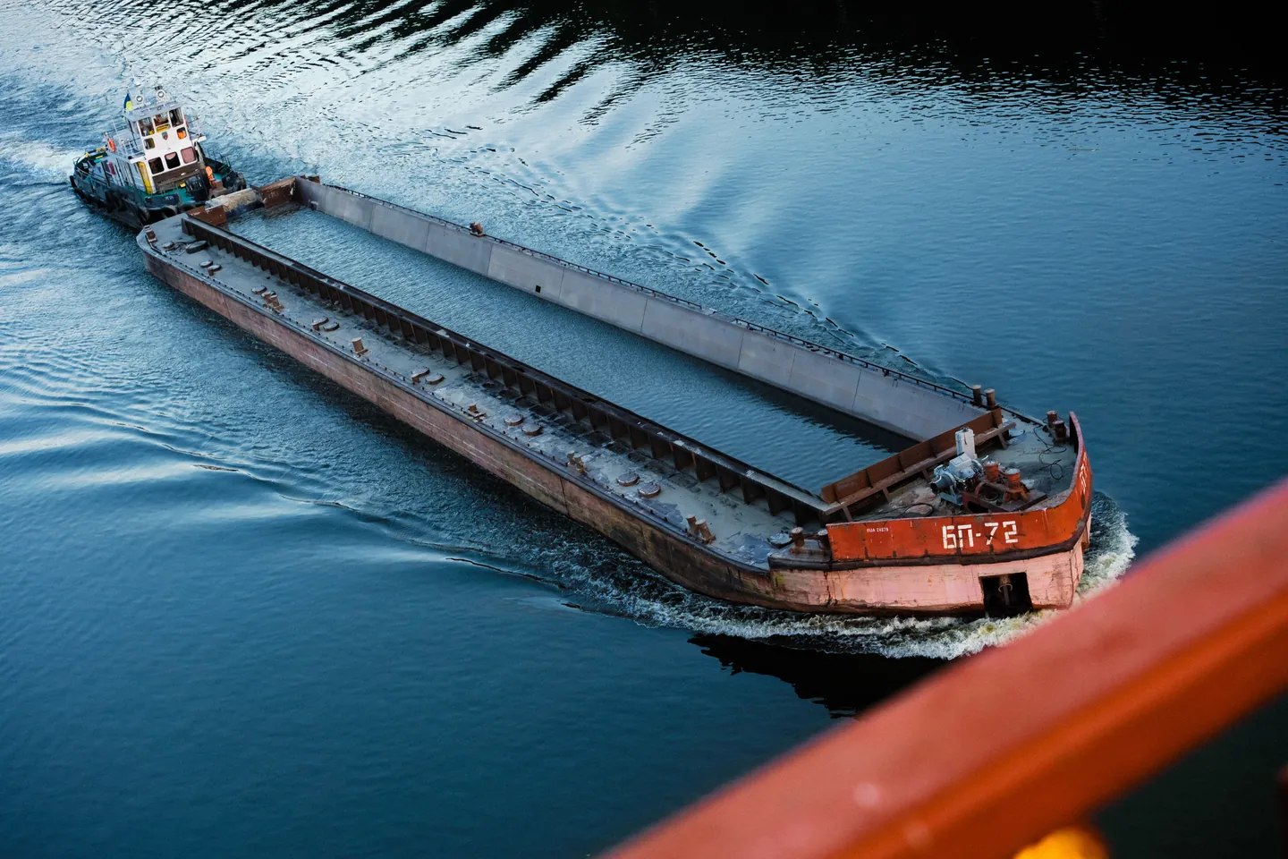 A barge passes along the Dnipro.