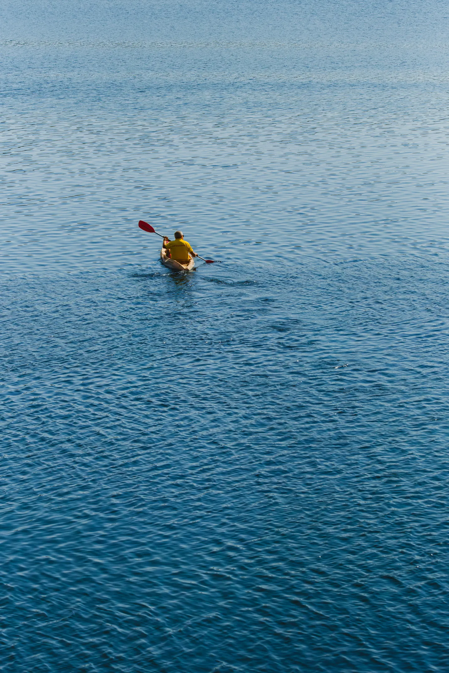 A kayaker in a yellow shirt paddles on the Dnipro.